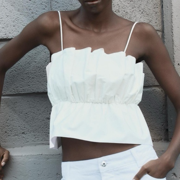 Zara Voluminous Bandeau Puff Ruffle Crop Top in Oyster White, Size Medium - Picture 14 of 14